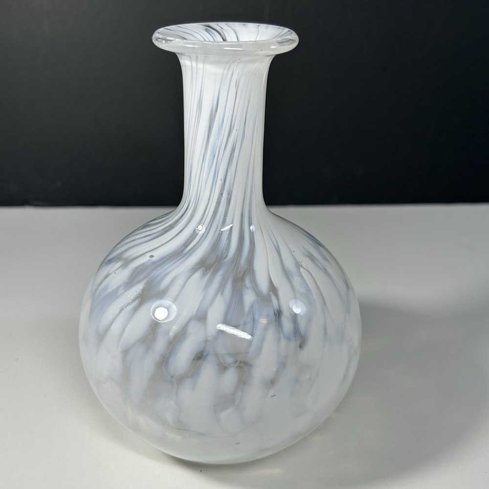 Vintage White Opalescent 6.5 " Tall Handblown Swirl Vase
